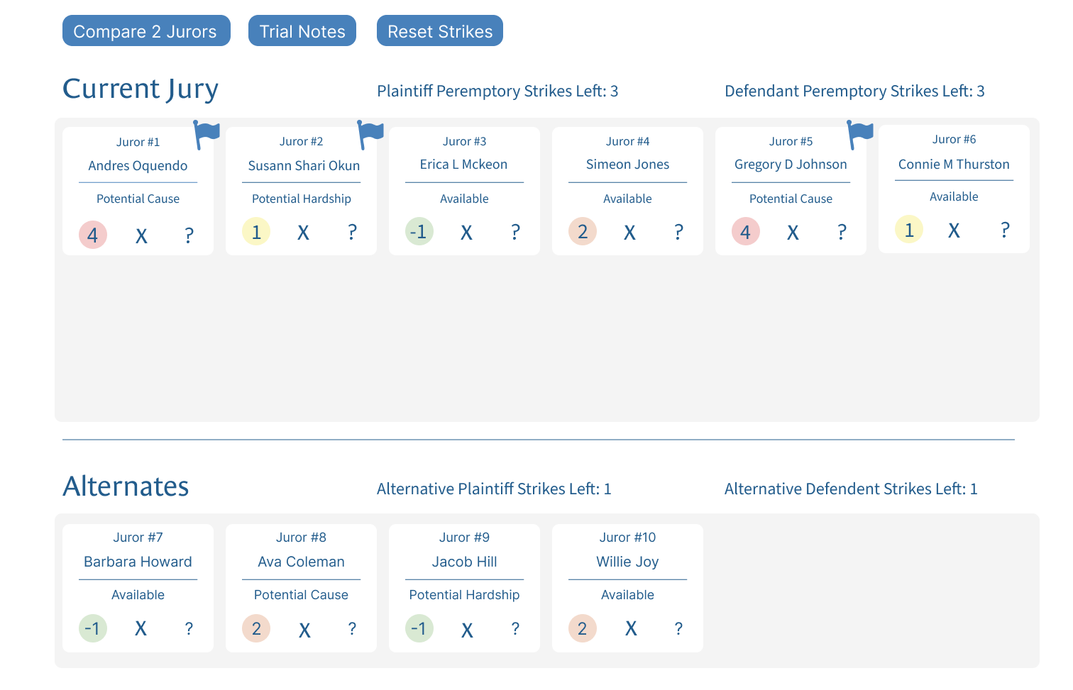 jury selection panel design featuring the current jury, list of strikes, and alternates
