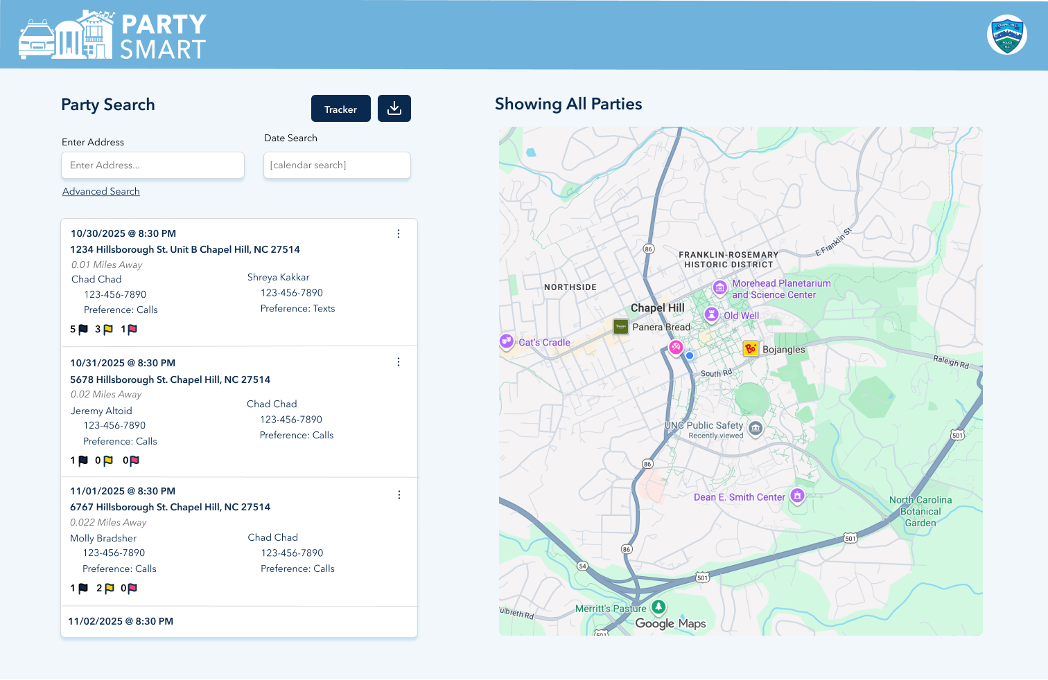 Dashboard for Police View - all events are listed next to a map of the events
