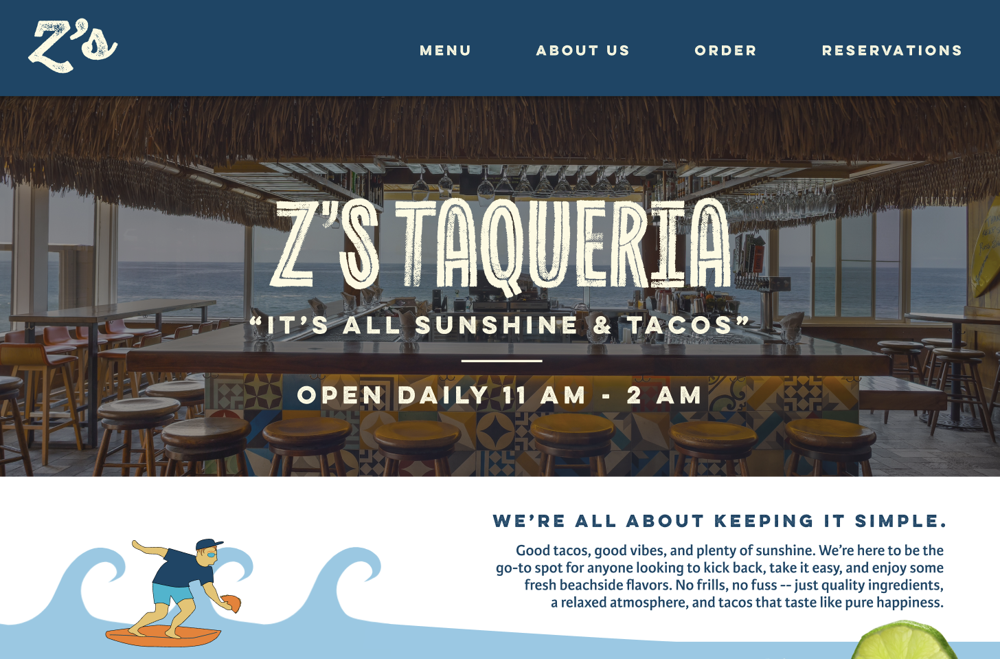 Homepage design for Z's Taqueria, a fictional beachside taco restaurant