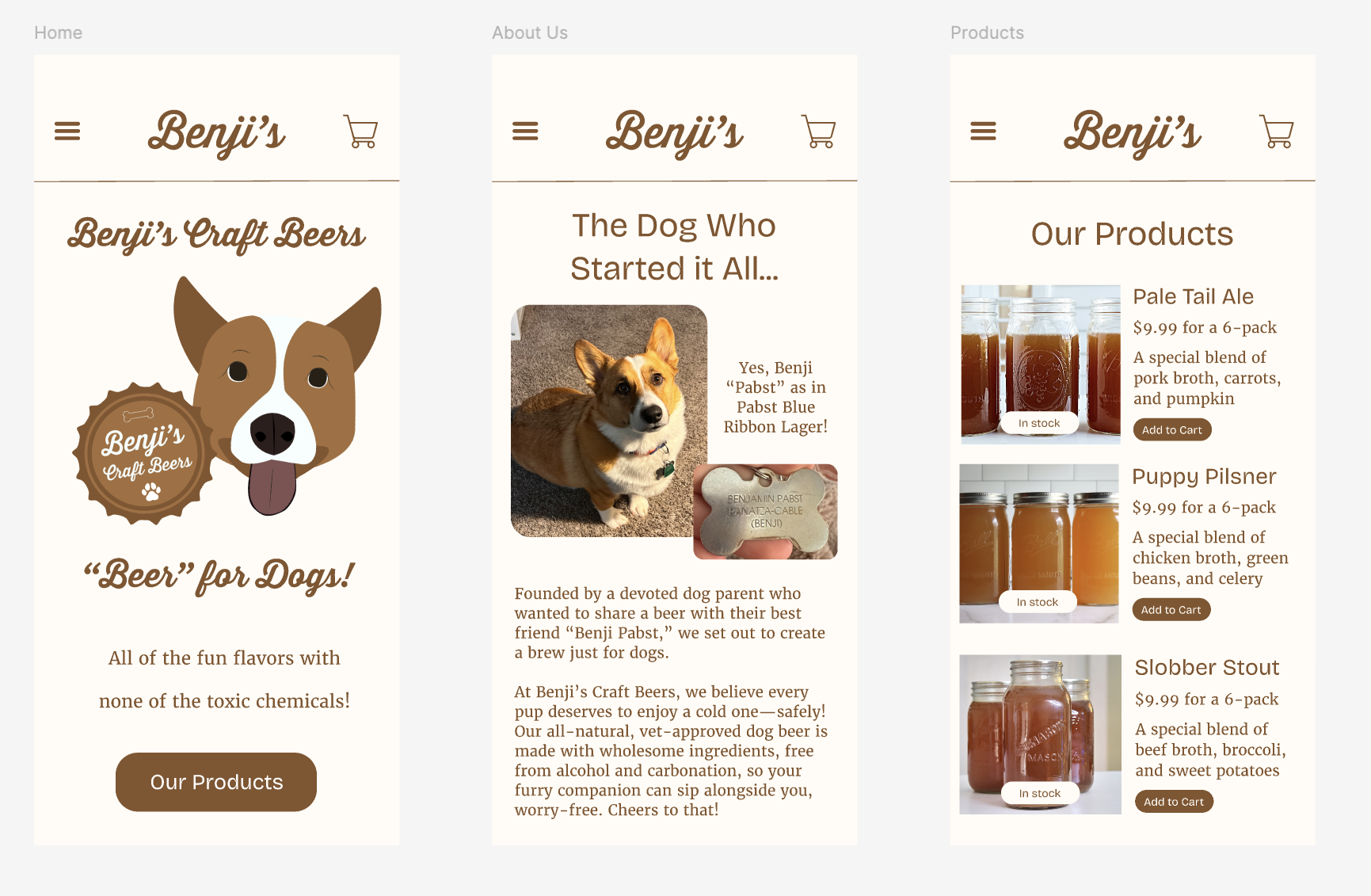 3 mobile screens for Benji's Beers, an imaginary dog beer company