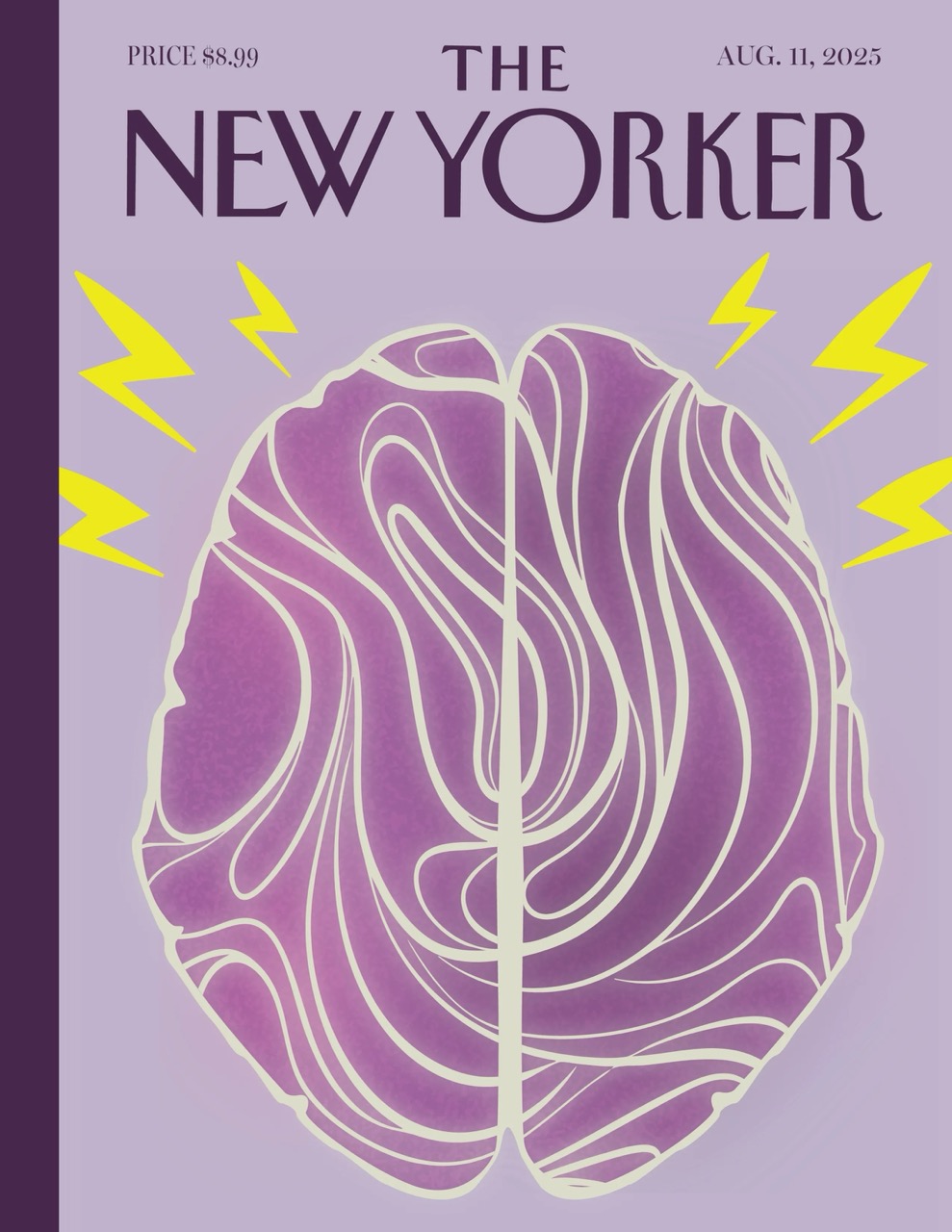 Mock-New York Times magazine cover with a brain against a purple background and yellow sparks surrounding it